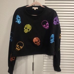 Sequin Skull Cropped Long Sleeve Sweatshirt